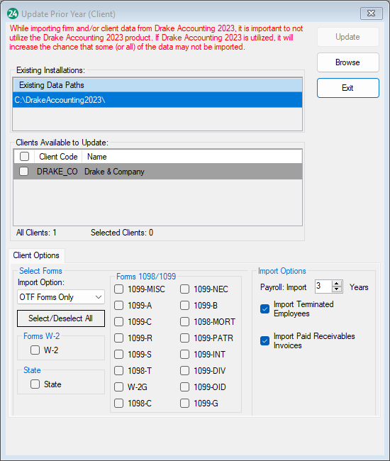 Image showing the update prior year client window.